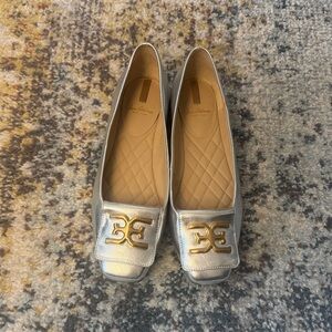 Sam Edelman Silver Leather Flats with Gold Logo Accent
